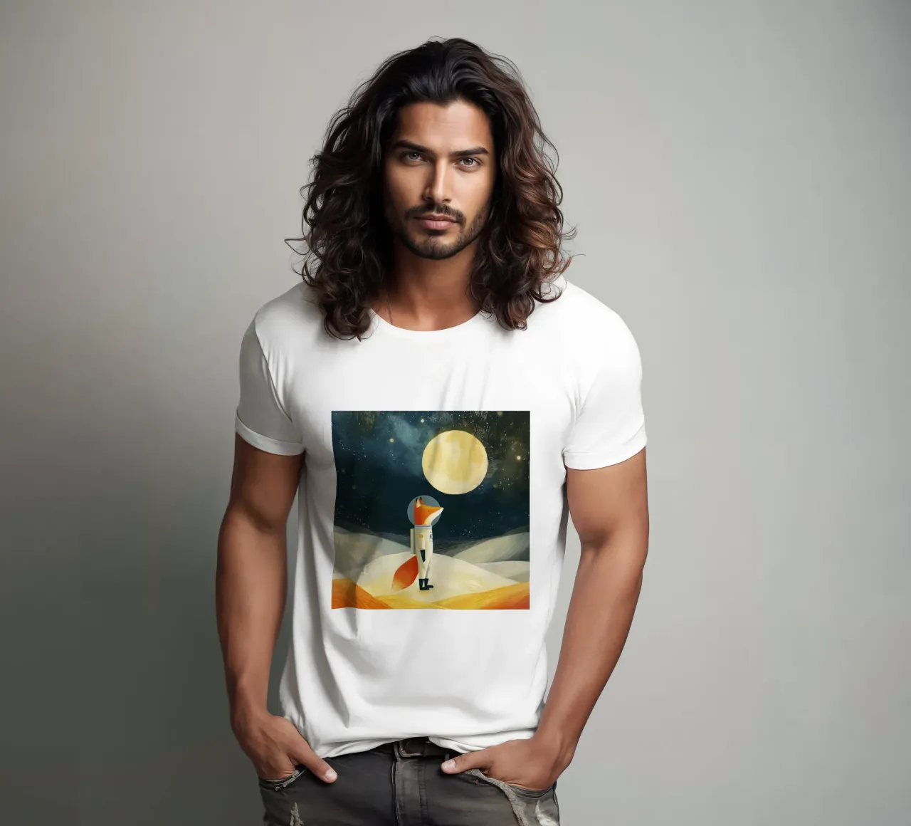 Volpe astronauta che fluttua nello spazio - Arte minimalista per bambini t-shirt da Modern Muse