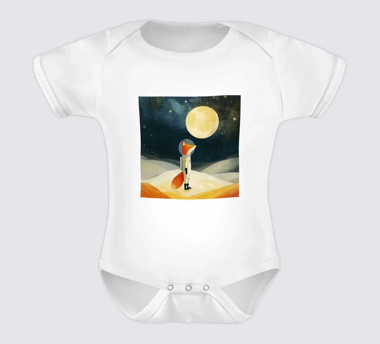 Astronaut Fox Floating in Space – Minimalist Kids Art short-sleeve baby romper by Modern Muse