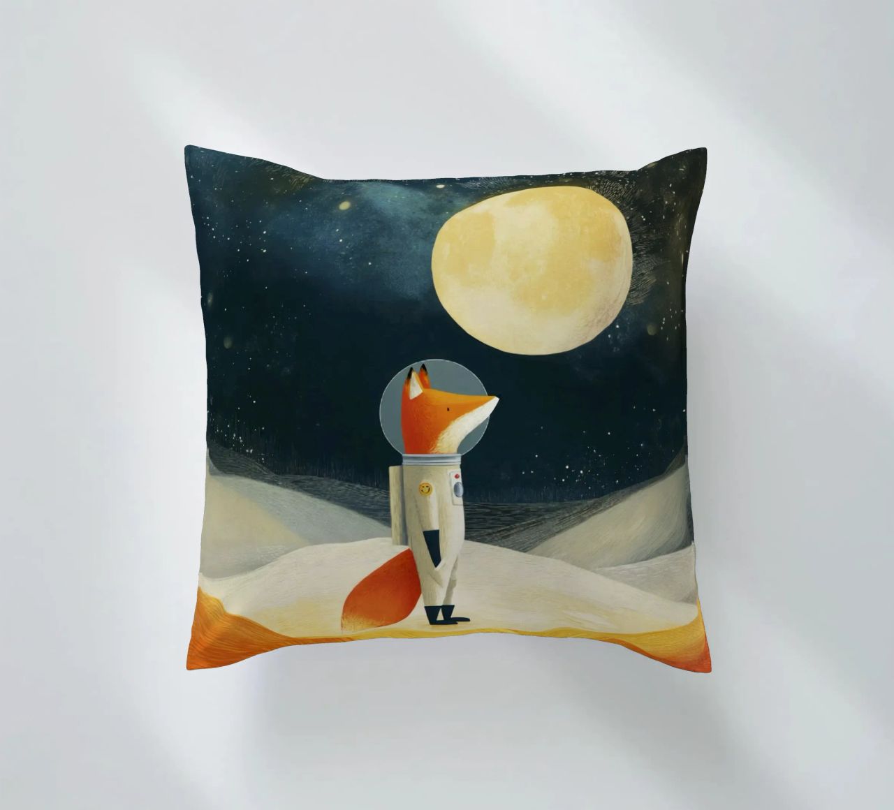 Astronaut Fox Floating in Space – Minimalist Kids Art decorative cushion by Modern Muse