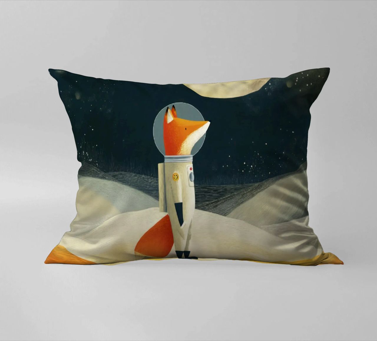 Astronaut Fox Floating in Space – Minimalist Kids Art decorative cushion by Modern Muse