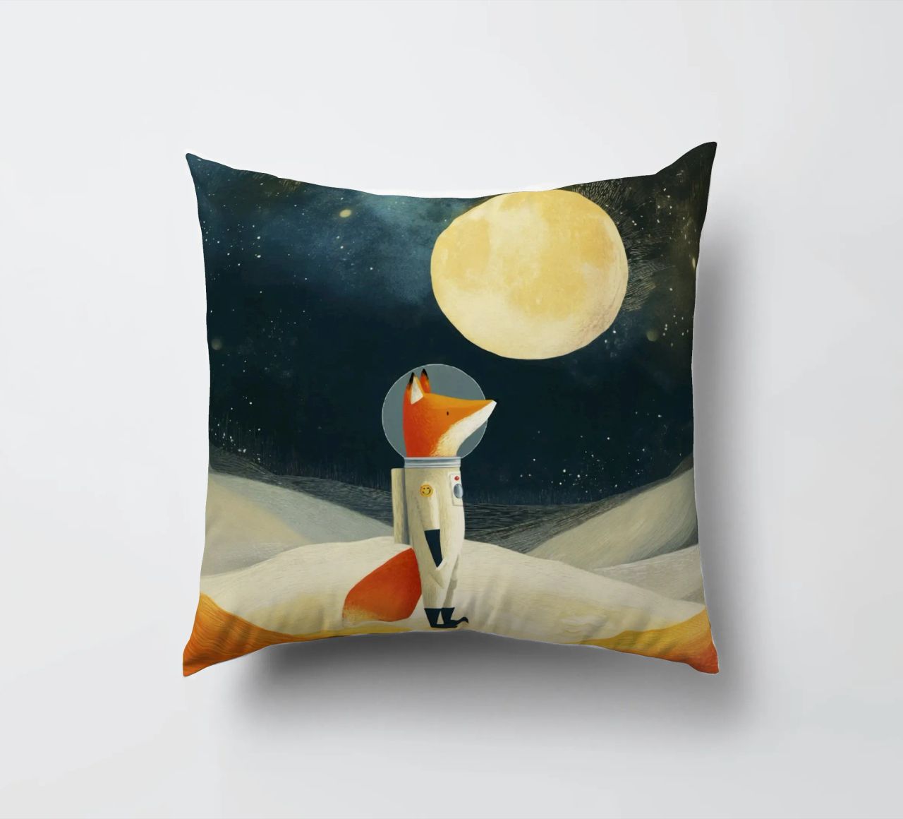 Astronaut Fox Floating in Space – Minimalist Kids Art decorative cushion by Modern Muse