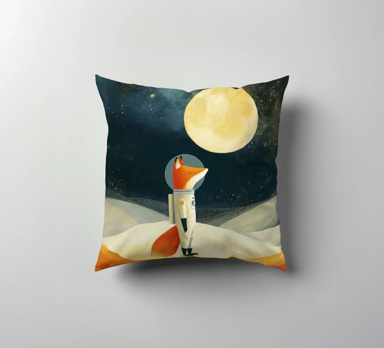 Astronaut Fox Floating in Space – Minimalist Kids Art decorative cushion by Modern Muse