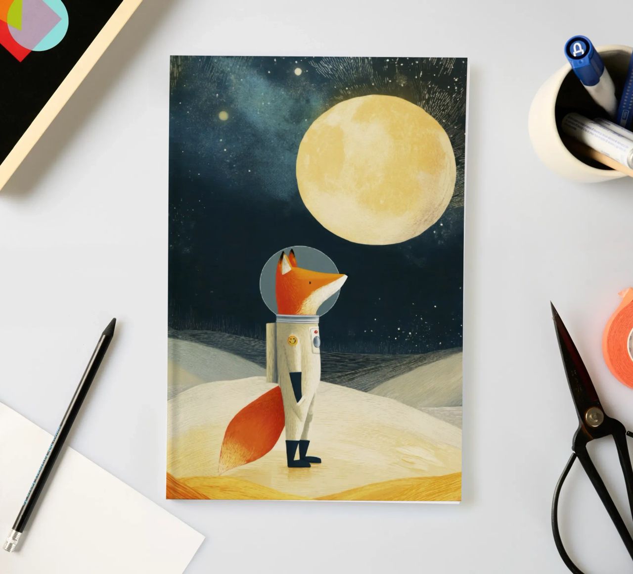 Astronaut Fox Floating in Space – Minimalist Kids Art notebook by Modern Muse