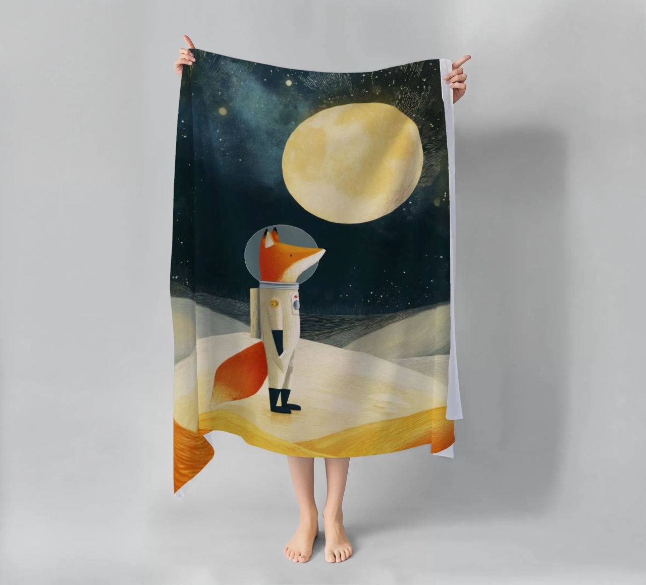 Astronaut Fox Floating in Space – Minimalist Kids Art beach towel by Modern Muse