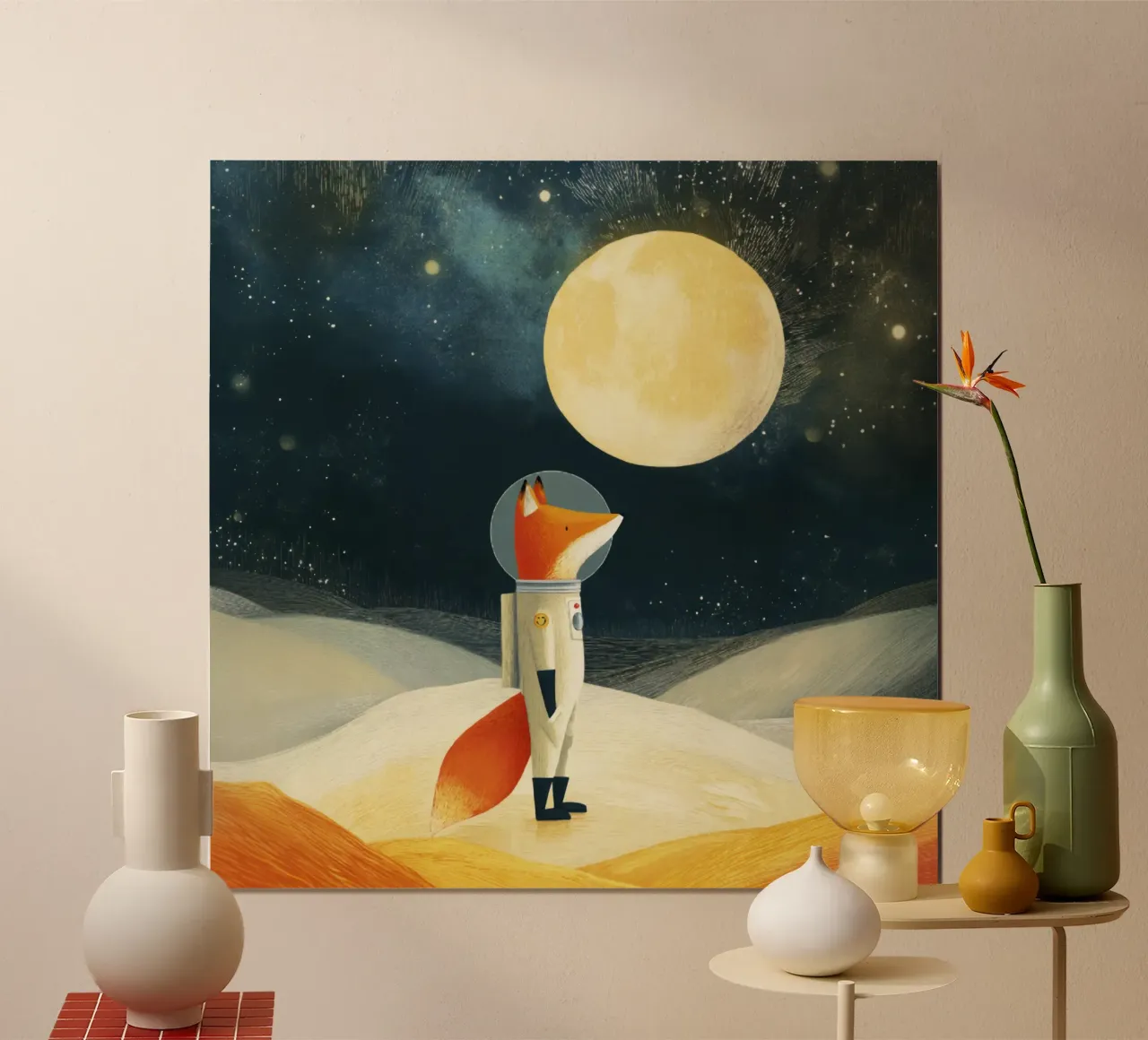Volpe astronauta che fluttua nello spazio - Arte minimalista per bambini poster da Modern Muse