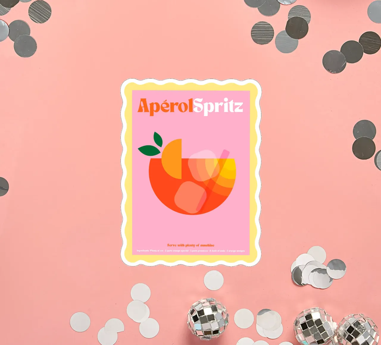 Cóctel mínimo Aperol Spritz - Retro Scallop & Sunny Vibes pegatina de Dominique Vari