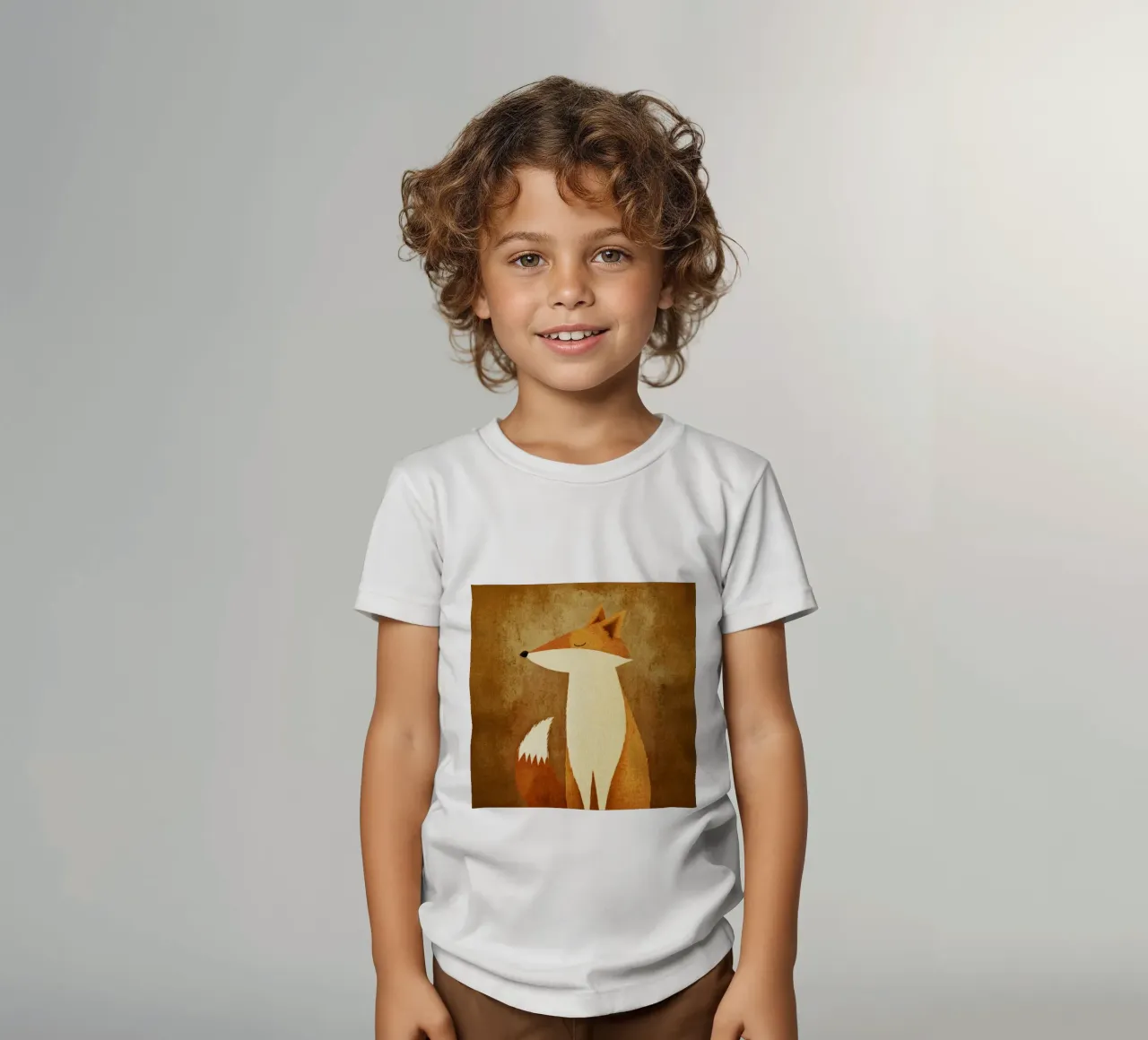 Shy Forest Fox on Bronze Glow – Naive Folk Tale Style kids t-shirt by Modern Muse