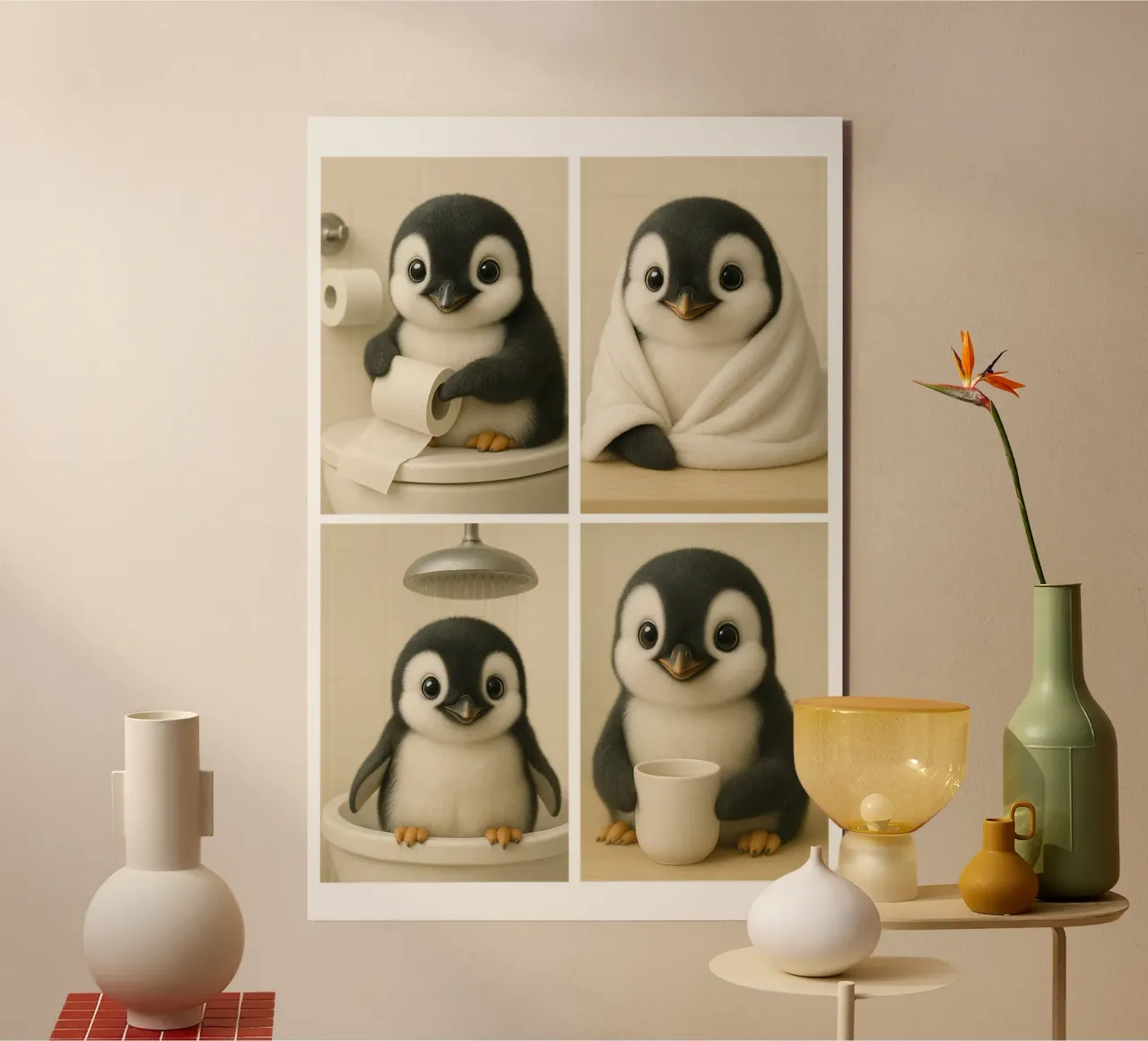 Pinguino in bagno alluminio dibond da Little Wild Lines