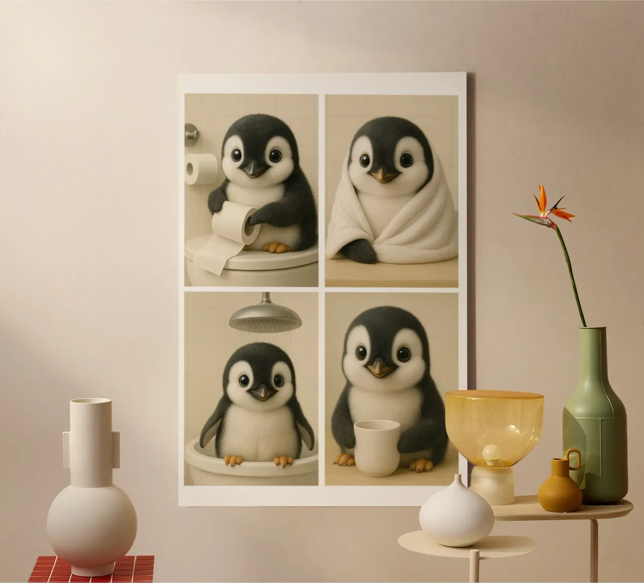 Pinguino in bagno tela con Cornice a cassetta da Little Wild Lines