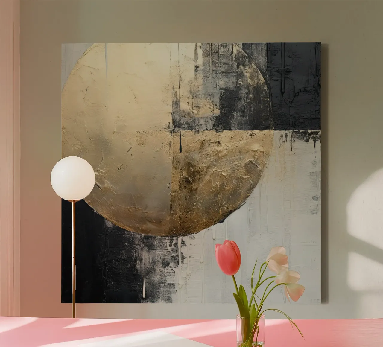 Abstracte cirkel in goud en zwart canvas van Imagine