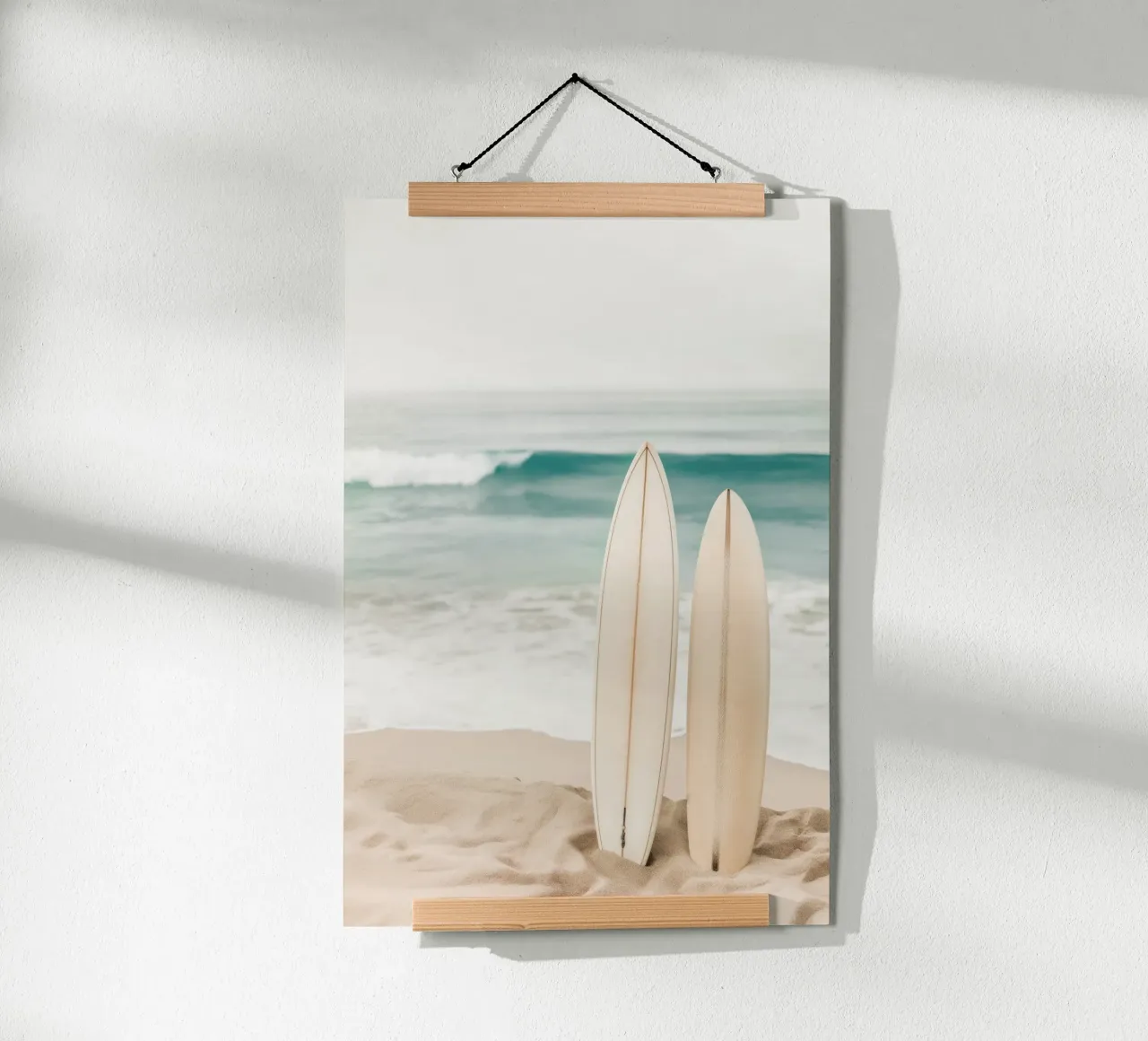 Tavole da surf sulla spiaggia poster con telaio in plastica da Indigo Tides Art