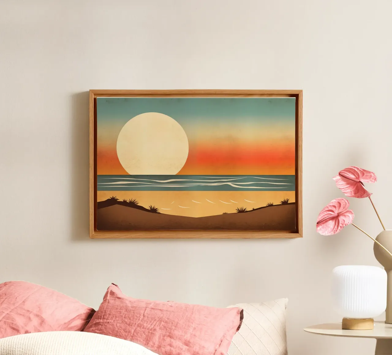 Strand met zonsondergang canvas met Baklijst van Imagine