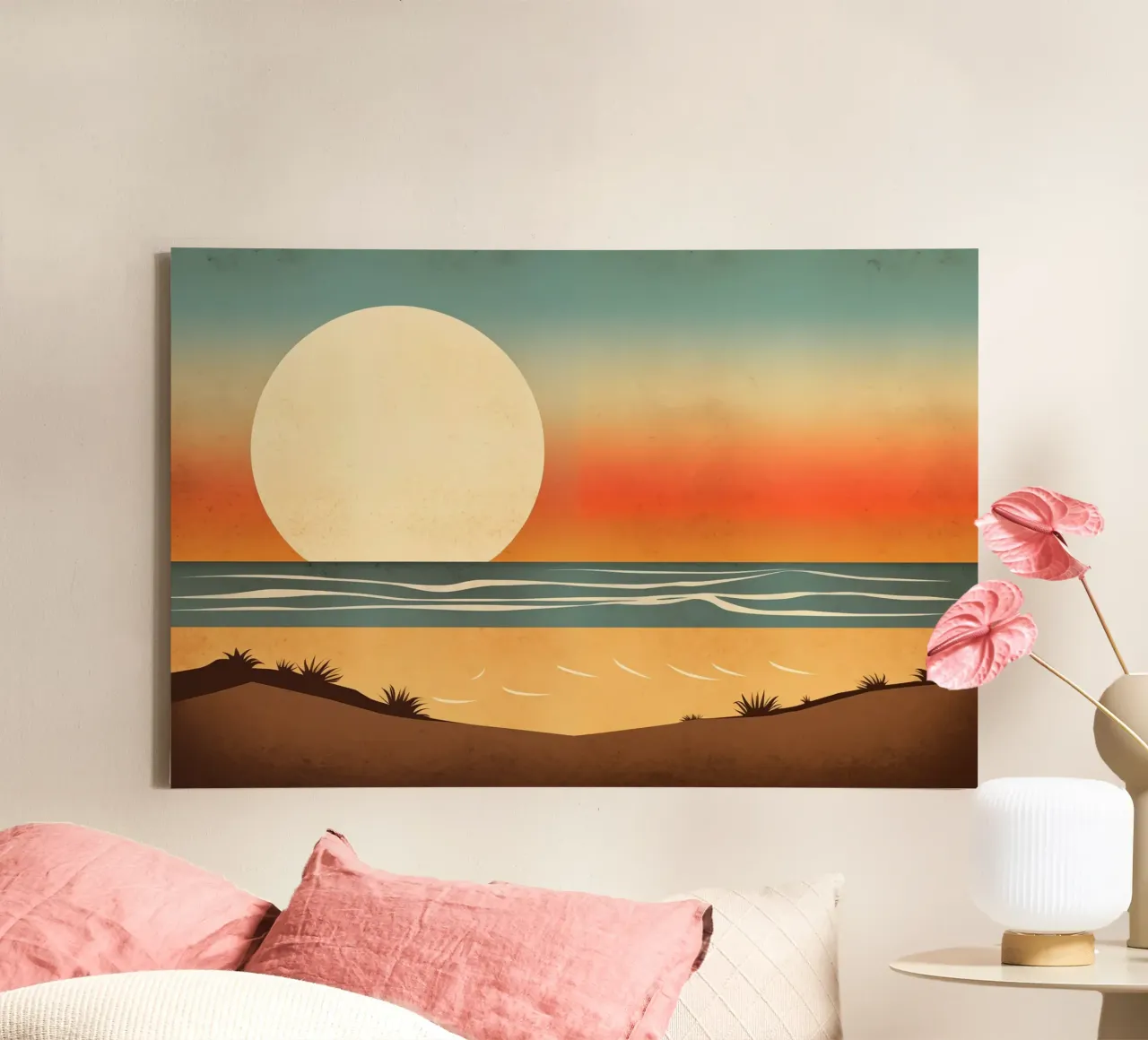 Strand met zonsondergang canvas met Baklijst van Imagine