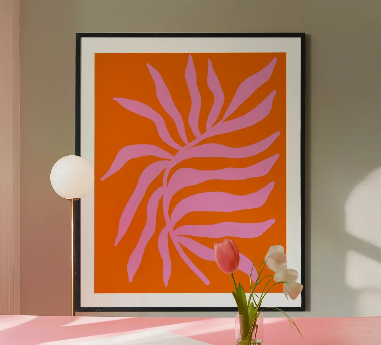Silhouette rosa Ramo strutturato su arancione poster con telaio in plastica da Wackapacka