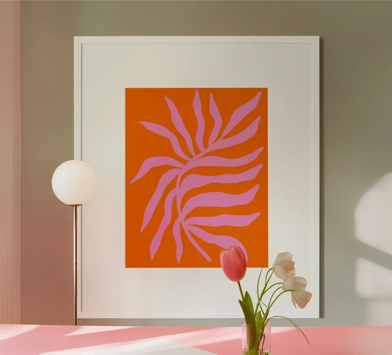 Silhouette rosa Ramo strutturato su arancione poster con telaio in plastica da Wackapacka