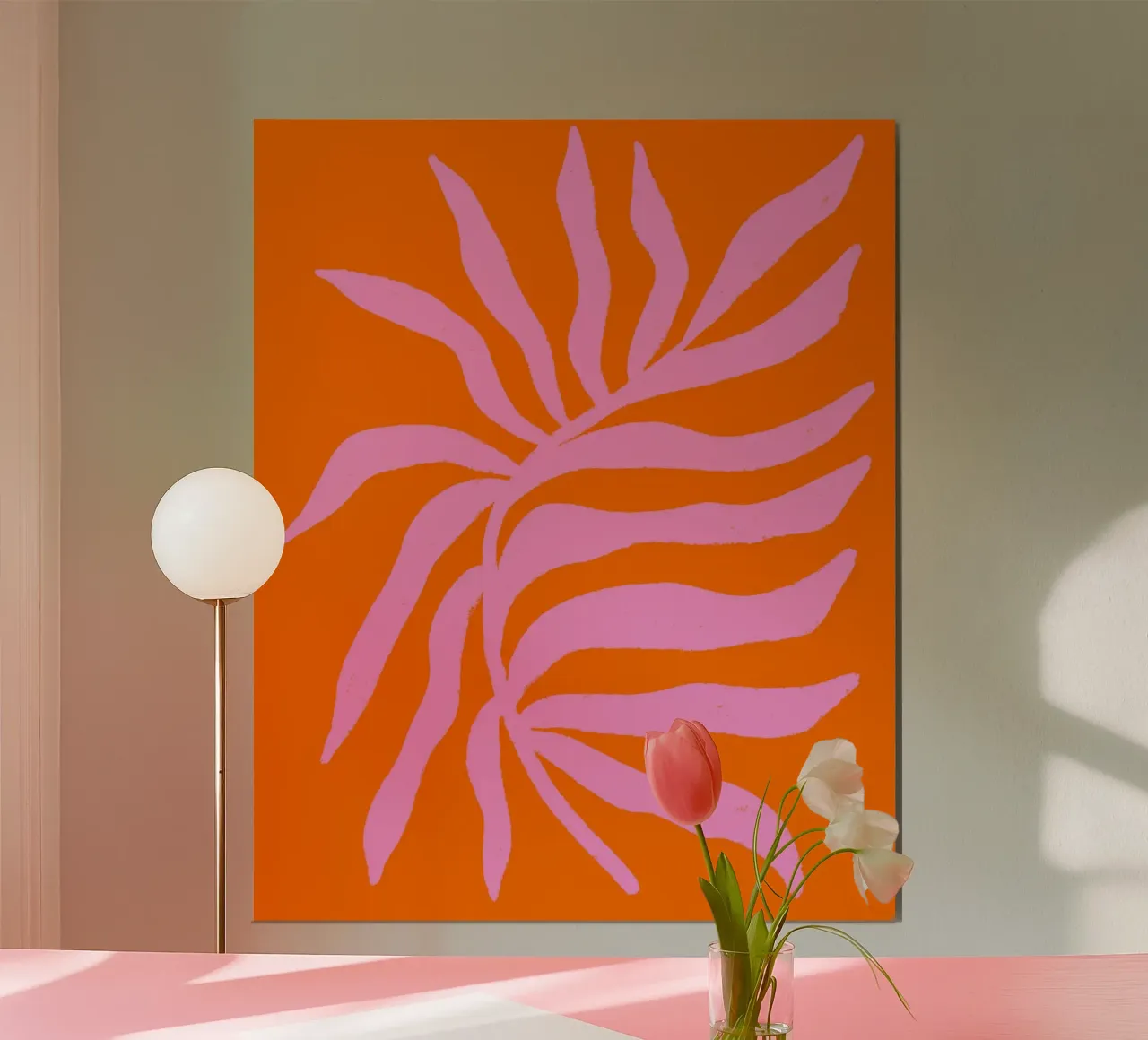 Silhouette rosa Ramo strutturato su arancione poster con telaio in plastica da Wackapacka