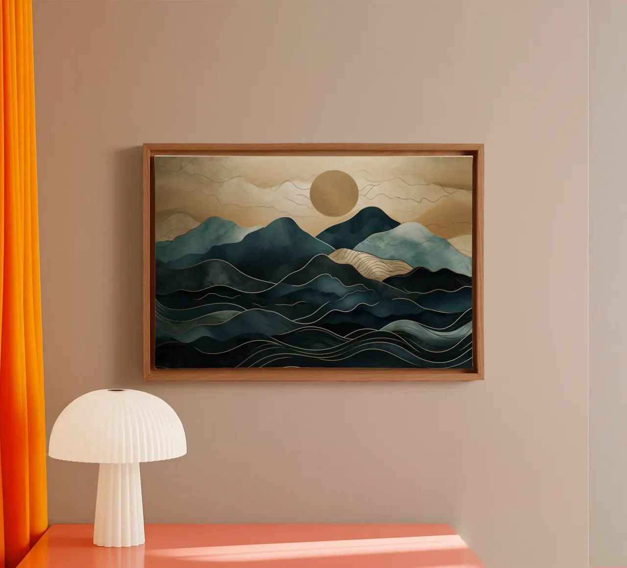 Abstract landschap in blauw en goud canvas met Baklijst van Imagine