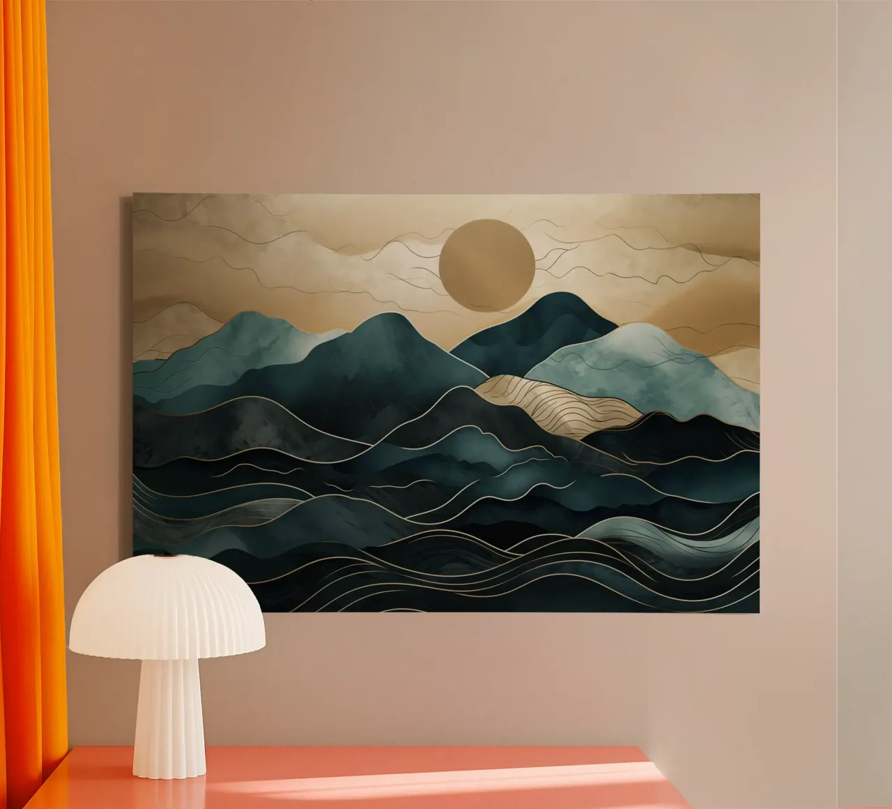 Abstract landschap in blauw en goud canvas met Baklijst van Imagine