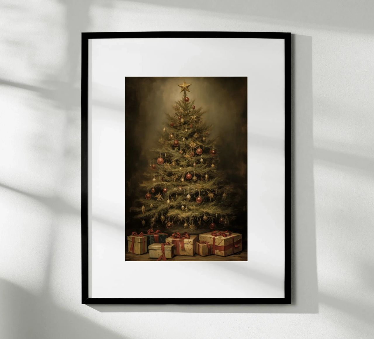 Kerstboom met pakjes poster met houten frame van Imagine