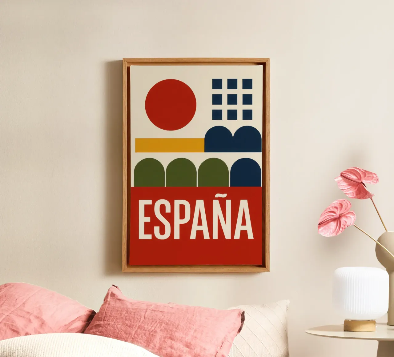 España - Il sole di un paese in rosso e oro tela con Cornice a cassetta da JETLAG | affiches voyage