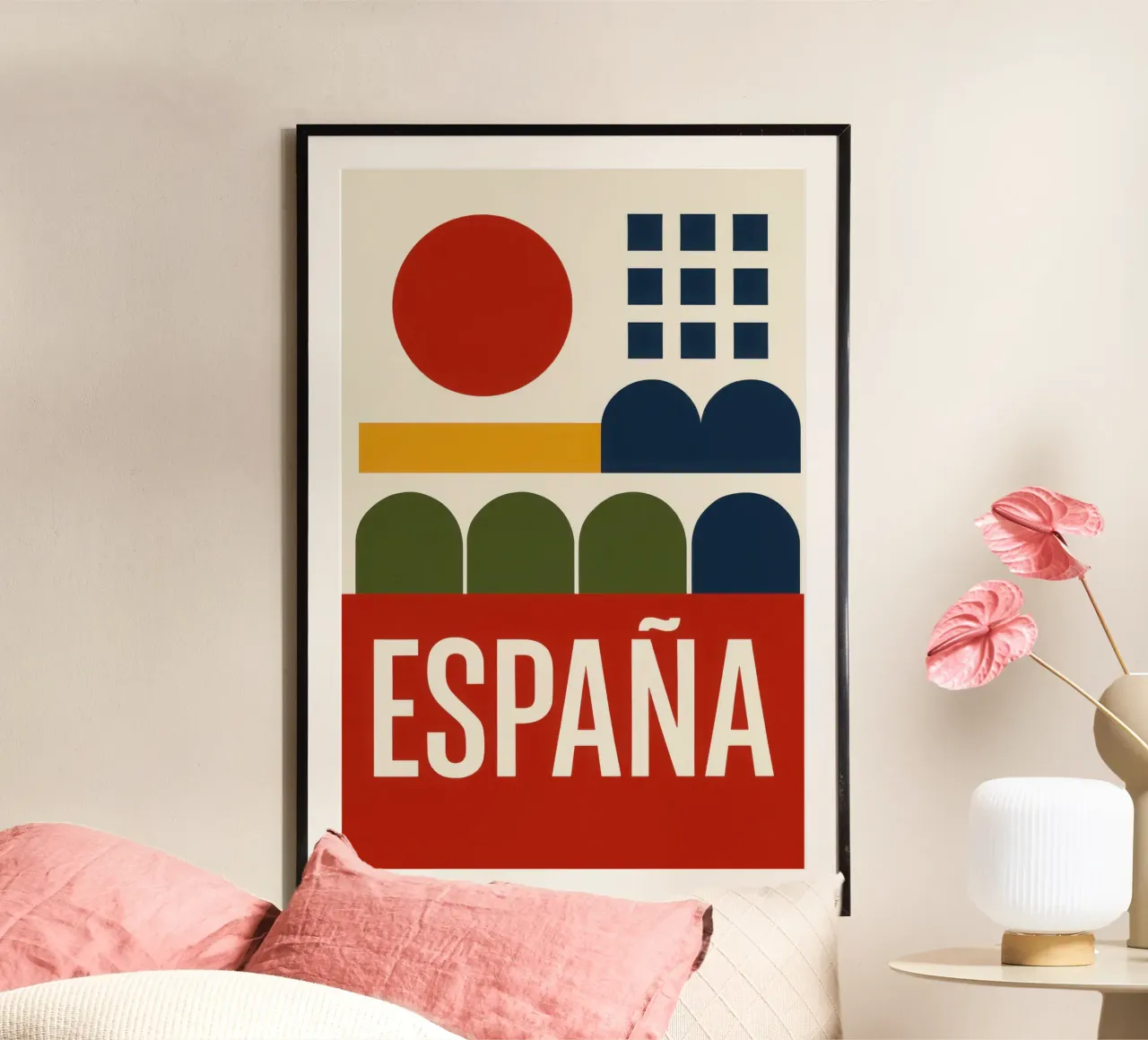 España - Il sole di un paese in rosso e oro poster con telaio in plastica da JETLAG | affiches voyage