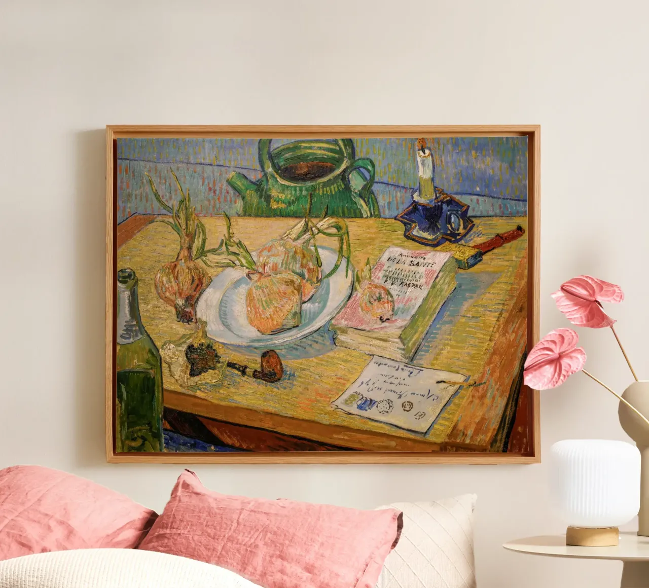 van Gogh, Natura morta con piatto di cipolle tela con Cornice a cassetta da Carinaprint