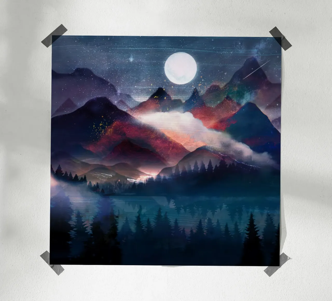 Mountain Lake Under the Stars poster con telaio in alluminio da Nadjaa
