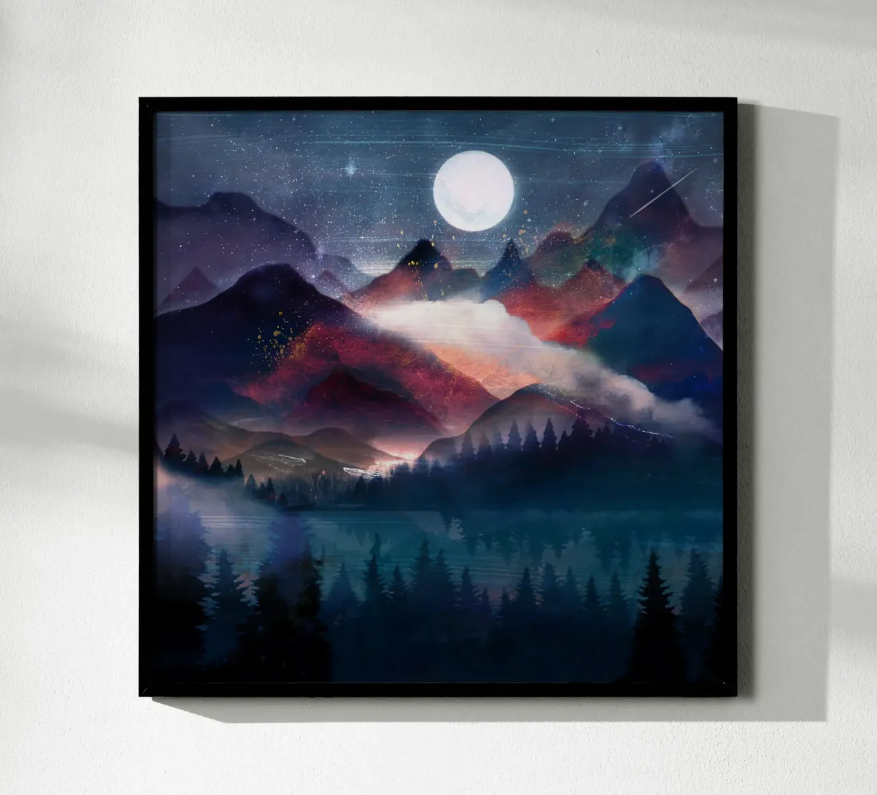 Mountain Lake Under the Stars poster con telaio in alluminio da Nadjaa
