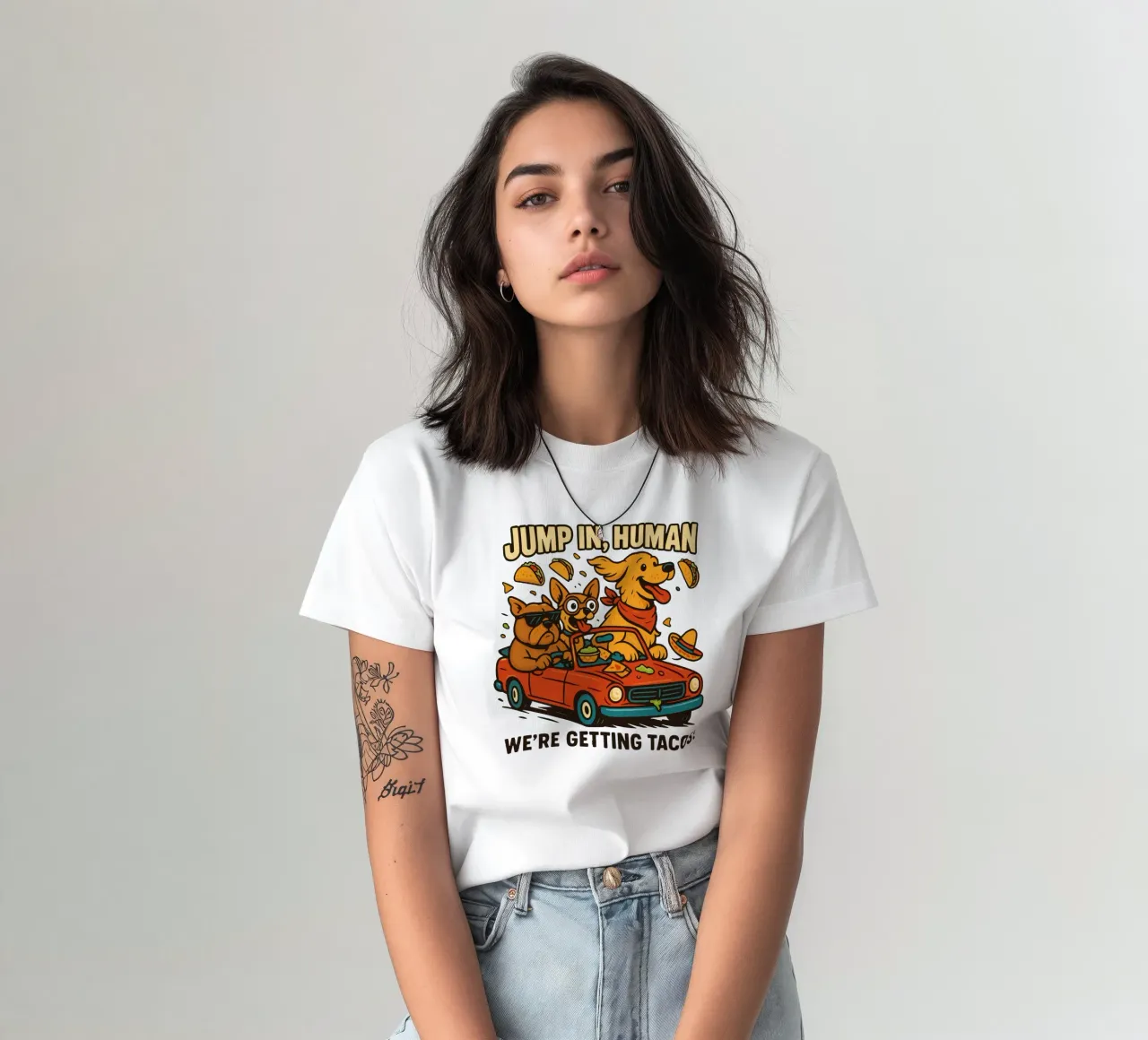 JUMP IN, HUMAN. WE'RE GETTING TACOS! t-shirt da edsonramosart