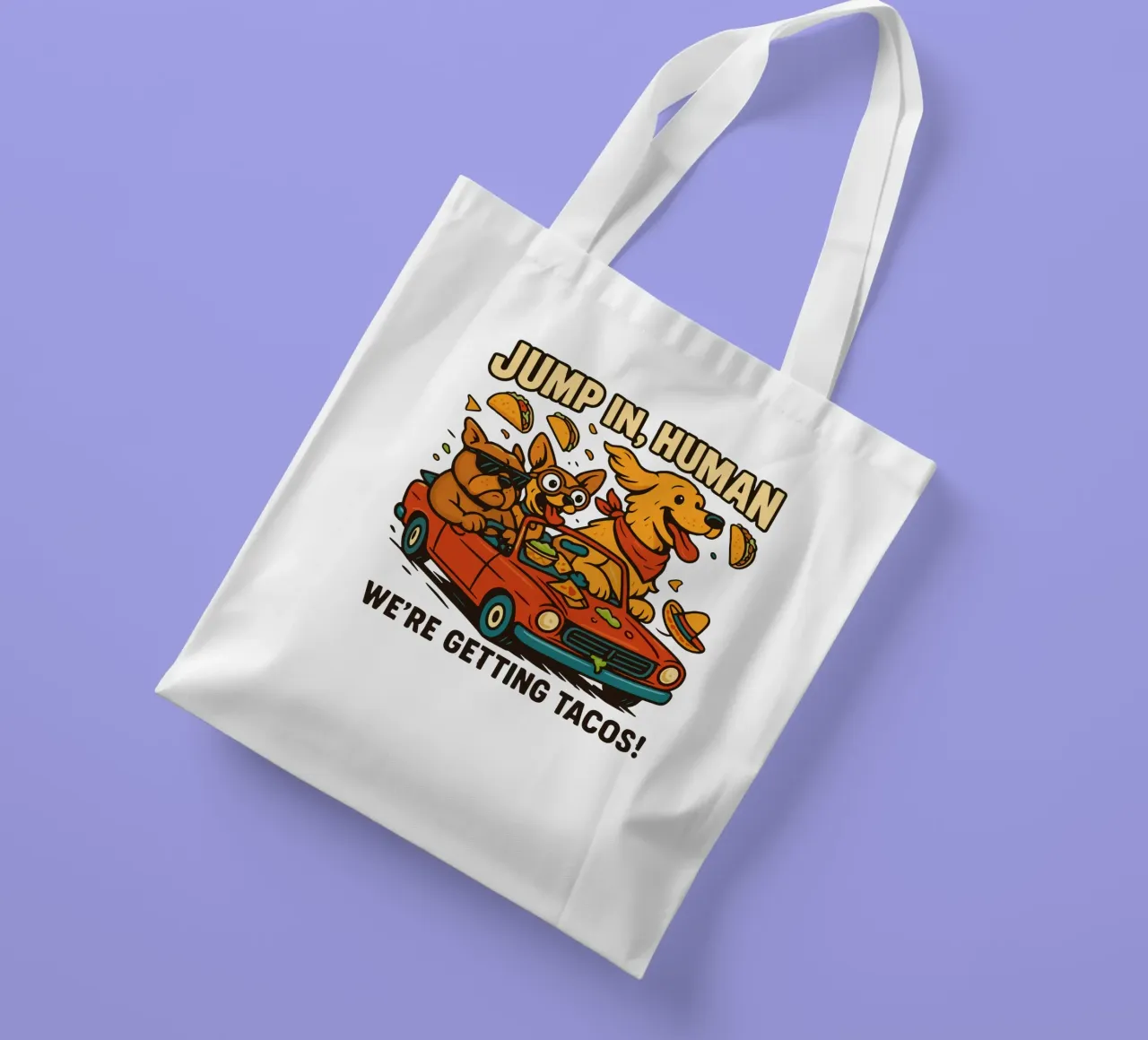 JUMP IN, HUMAN. WE'RE GETTING TACOS! tote bag by edsonramosart