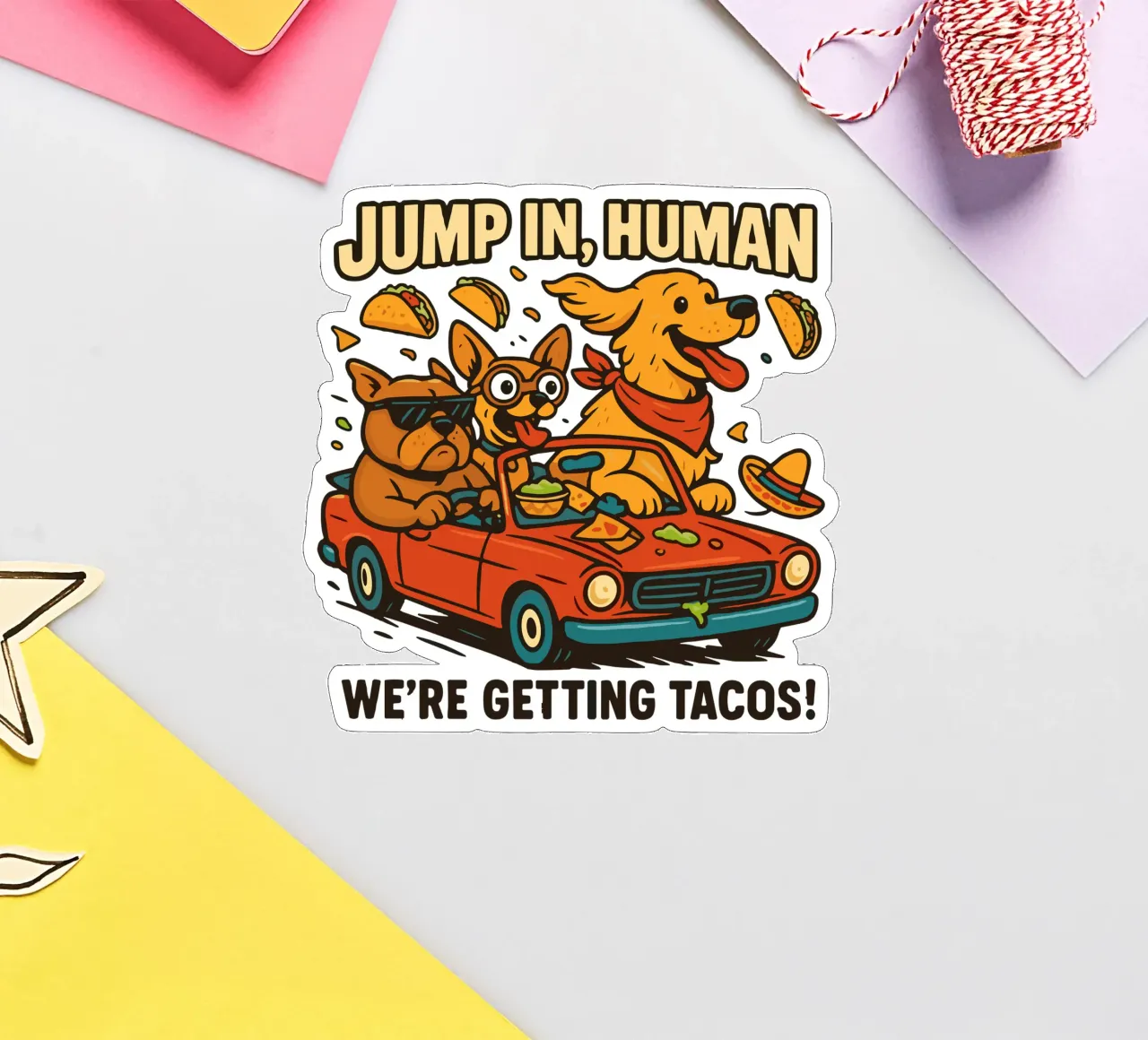 JUMP IN, HUMAN. WE'RE GETTING TACOS! Sticker von edsonramosart