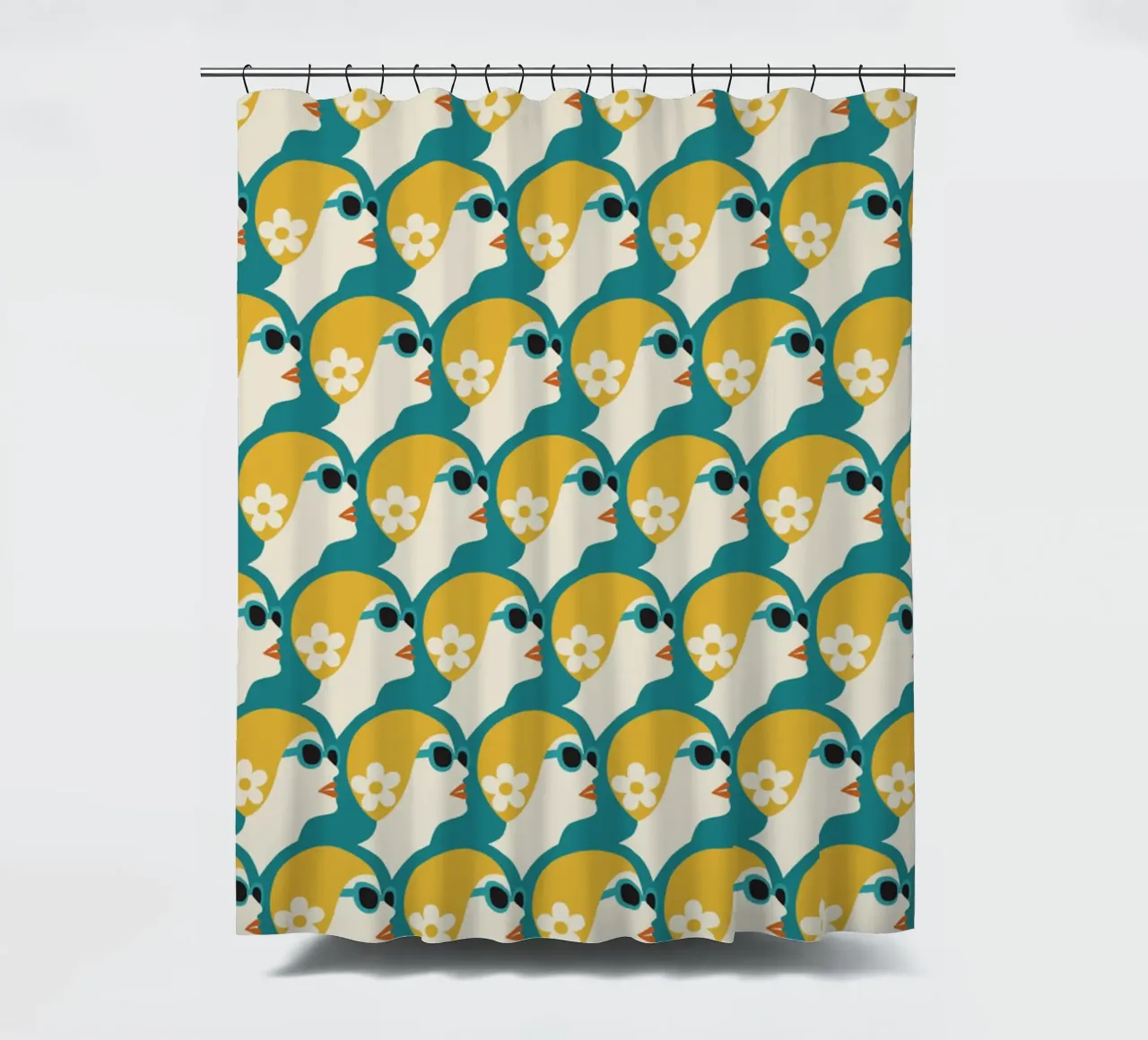 Sea Swimmer Pop Art Style Retro Woman in Swim Cap Teal Gold shower curtain by Pemilyland
