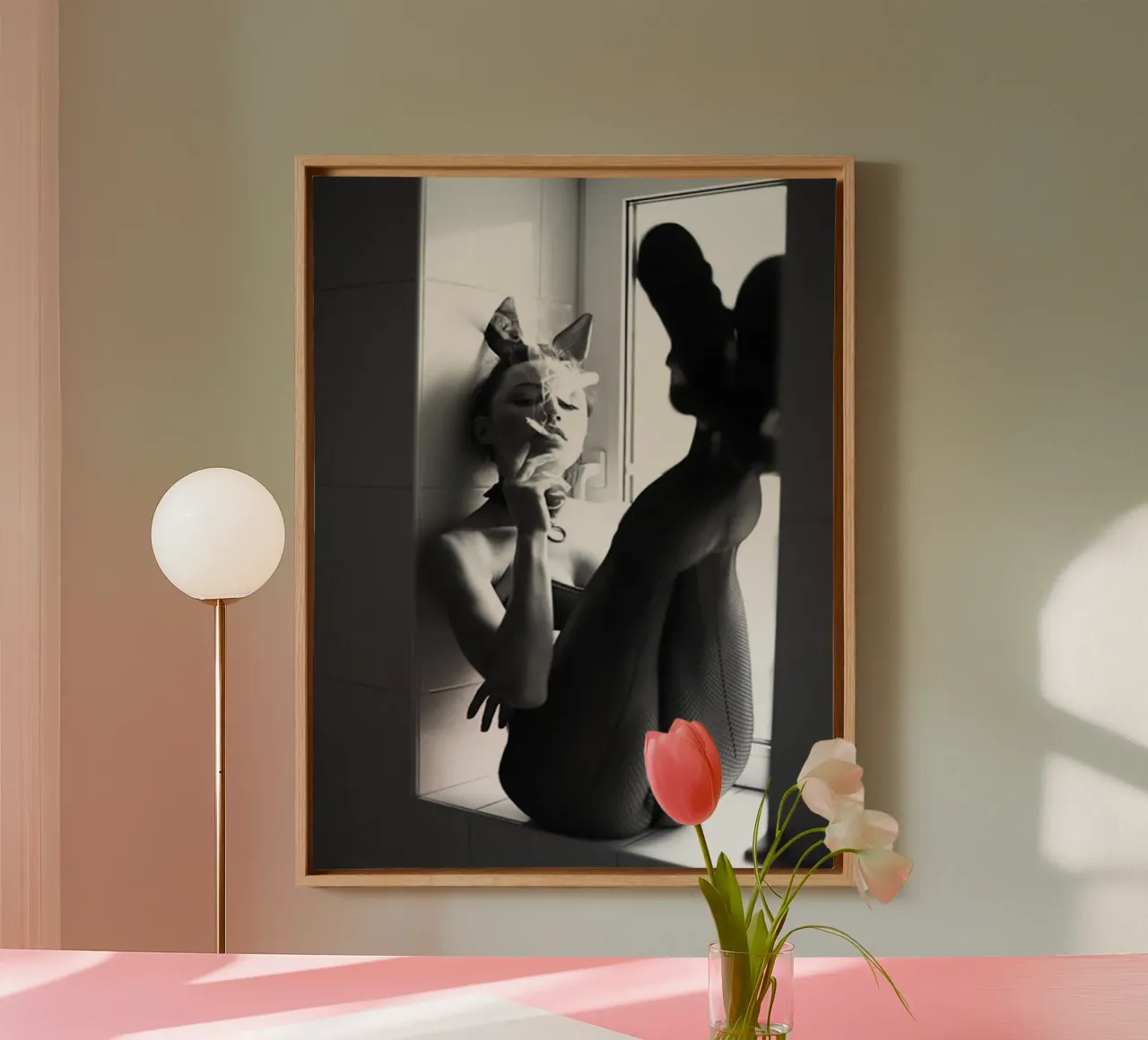 smoking in the window canvas with Floater frame by Takeme