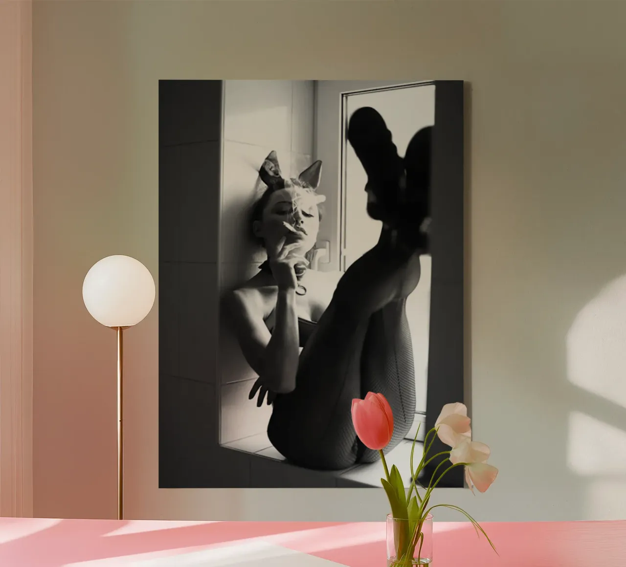 smoking in the window canvas with Floater frame by Takeme