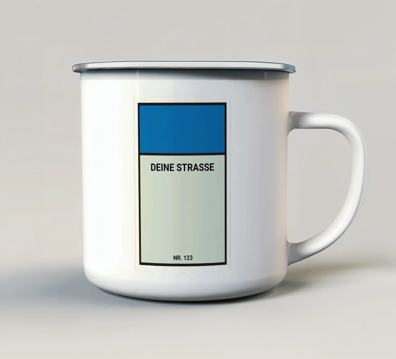 Póster estilo Monopoly Azul - Tu calle y número de casa taza de esmalte de FRAMELY