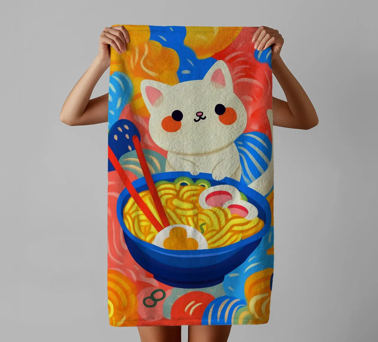 Funny colourful Asian lucky cat with ramen noodles towel by Autofocus