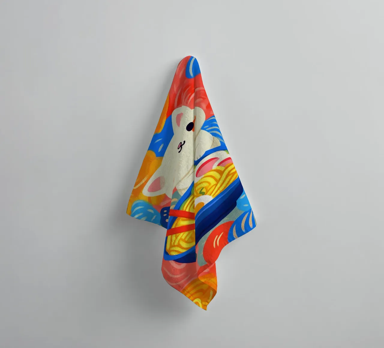 Funny colourful Asian lucky cat with ramen noodles towel by Autofocus