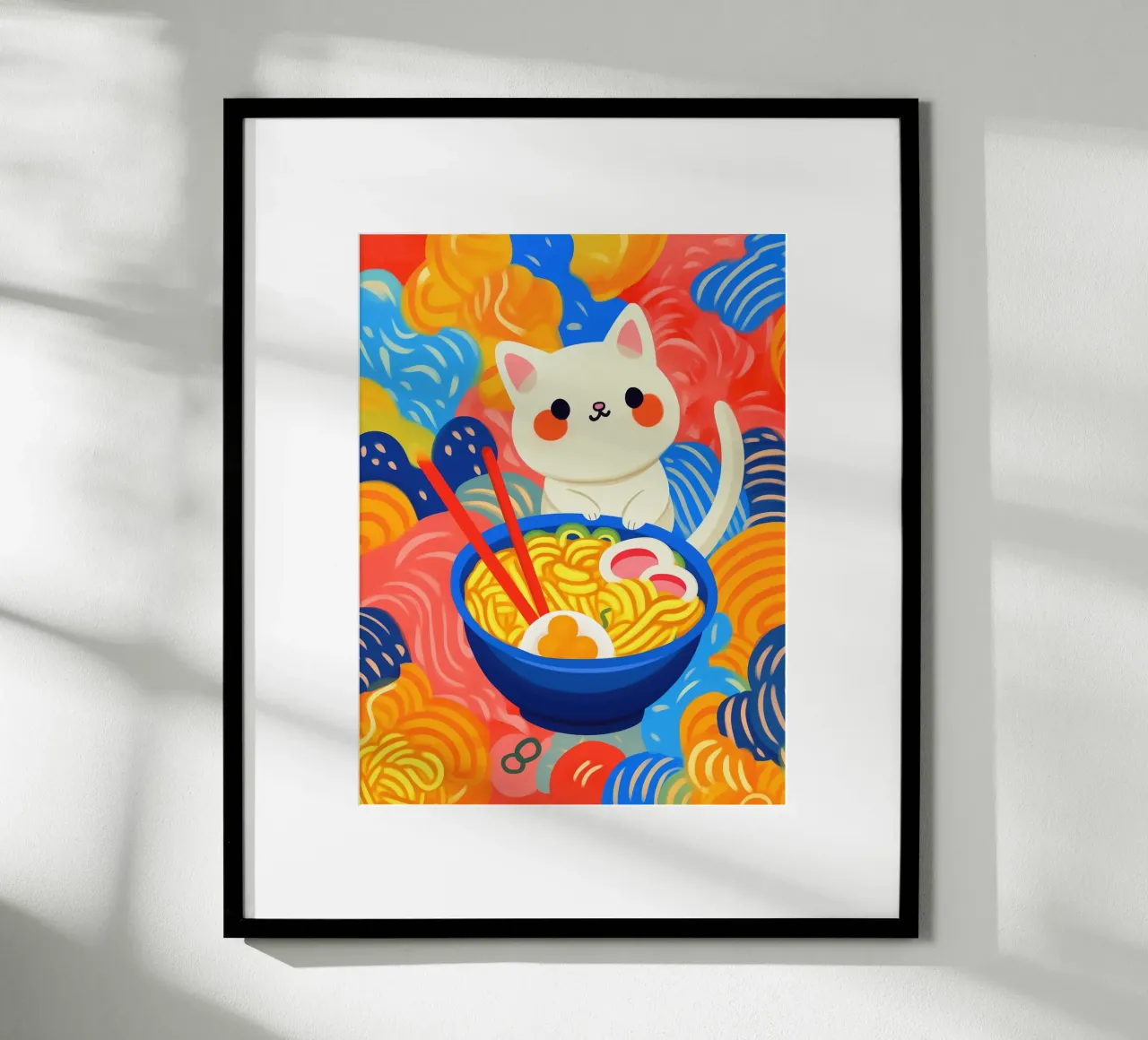 Divertente gatto asiatico colorato e fortunato con spaghetti di ramen poster con telaio in legno da Autofocus