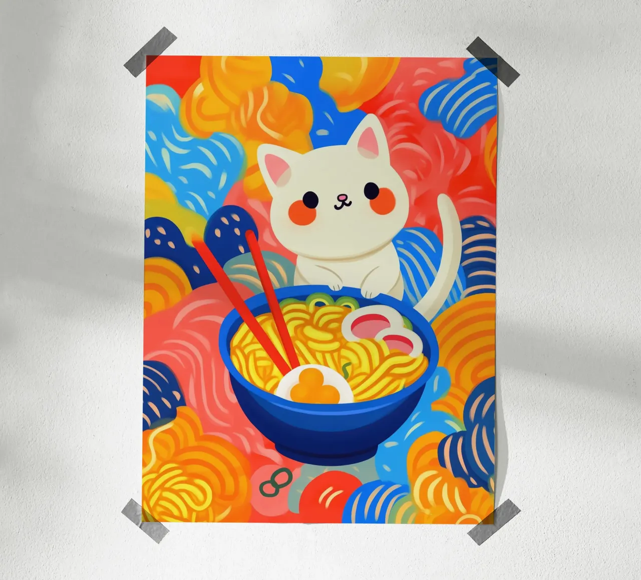 Divertente gatto asiatico colorato e fortunato con spaghetti di ramen poster con telaio in legno da Autofocus