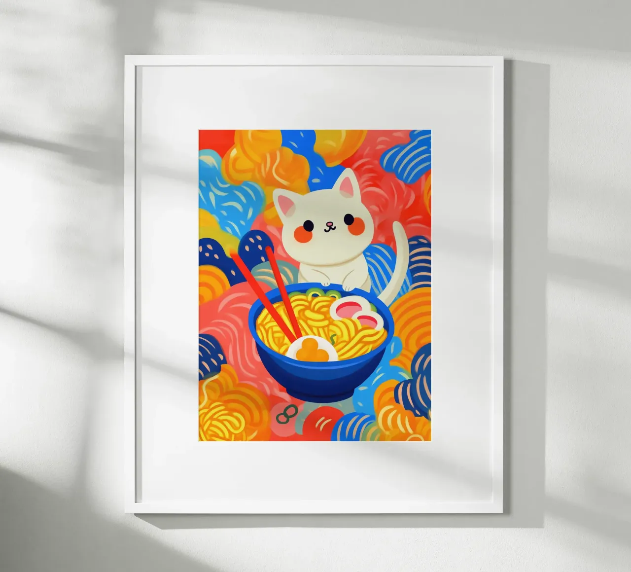 Divertente gatto asiatico colorato e fortunato con spaghetti di ramen poster con telaio in legno da Autofocus