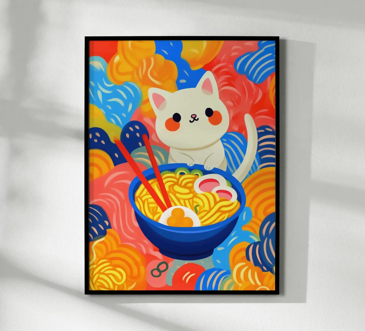 Divertente gatto asiatico colorato e fortunato con spaghetti di ramen poster con telaio in legno da Autofocus
