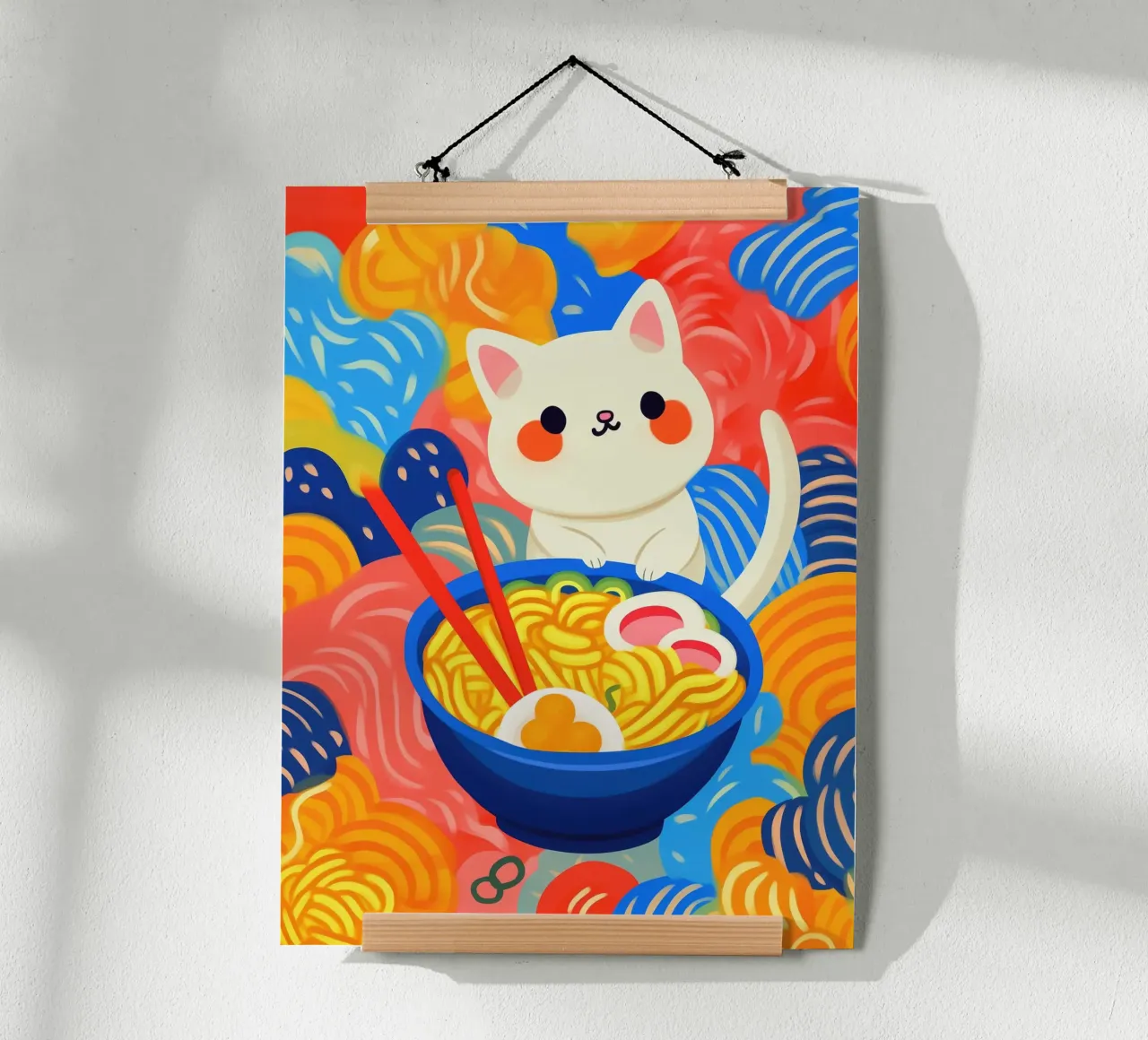 Divertente gatto asiatico colorato e fortunato con spaghetti di ramen poster con telaio in legno da Autofocus