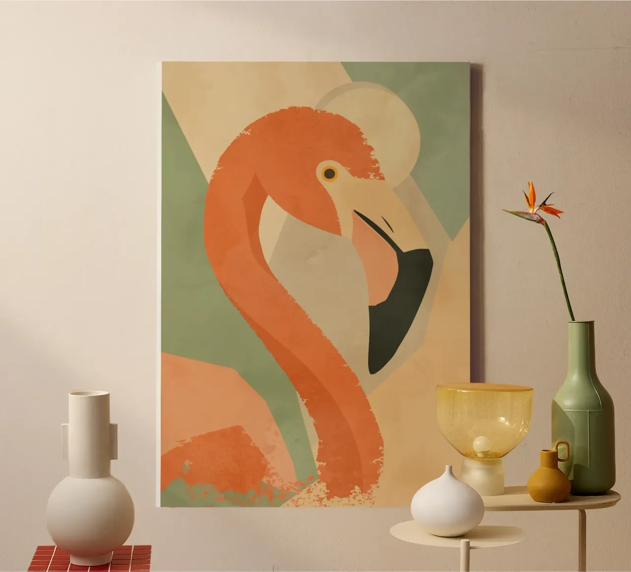 Flamingo in geometric-abstract style -Elegant animal motif canvas by namosh