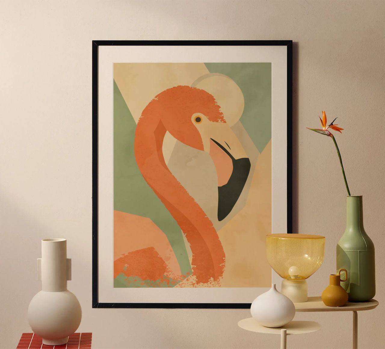Flamingo im geometrisch-abstrakten Stil –Elegantes Tiermotiv Poster von namosh
