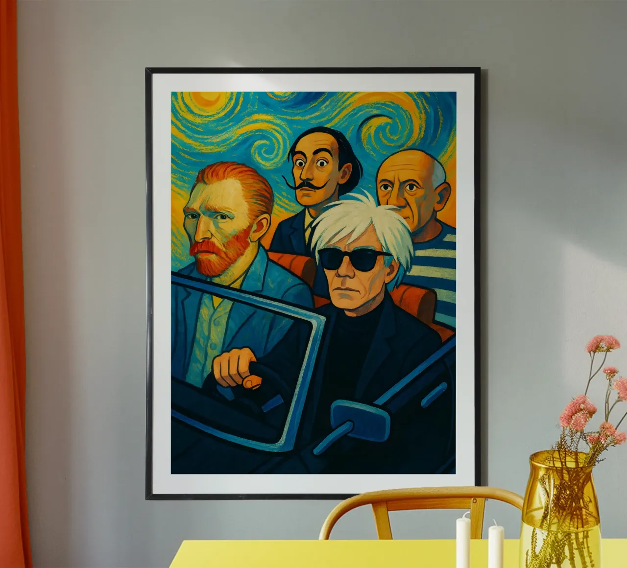 Picasso Vincent Van Gogh Andy Warhol Salvador Dali in auto poster con telaio in plastica da ARTOMATIC