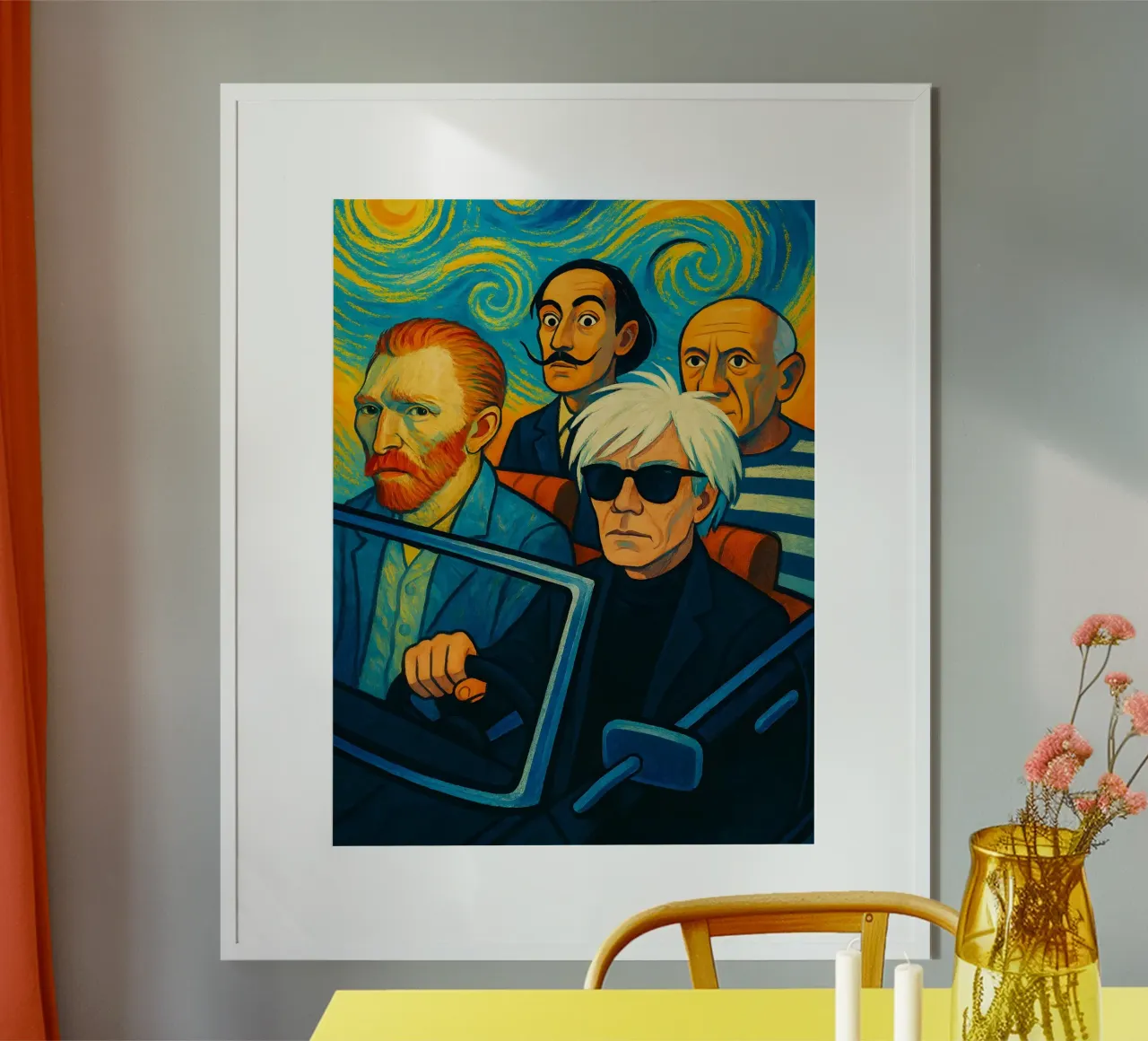Picasso Vincent Van Gogh Andy Warhol Salvador Dali in auto poster con telaio in plastica da ARTOMATIC