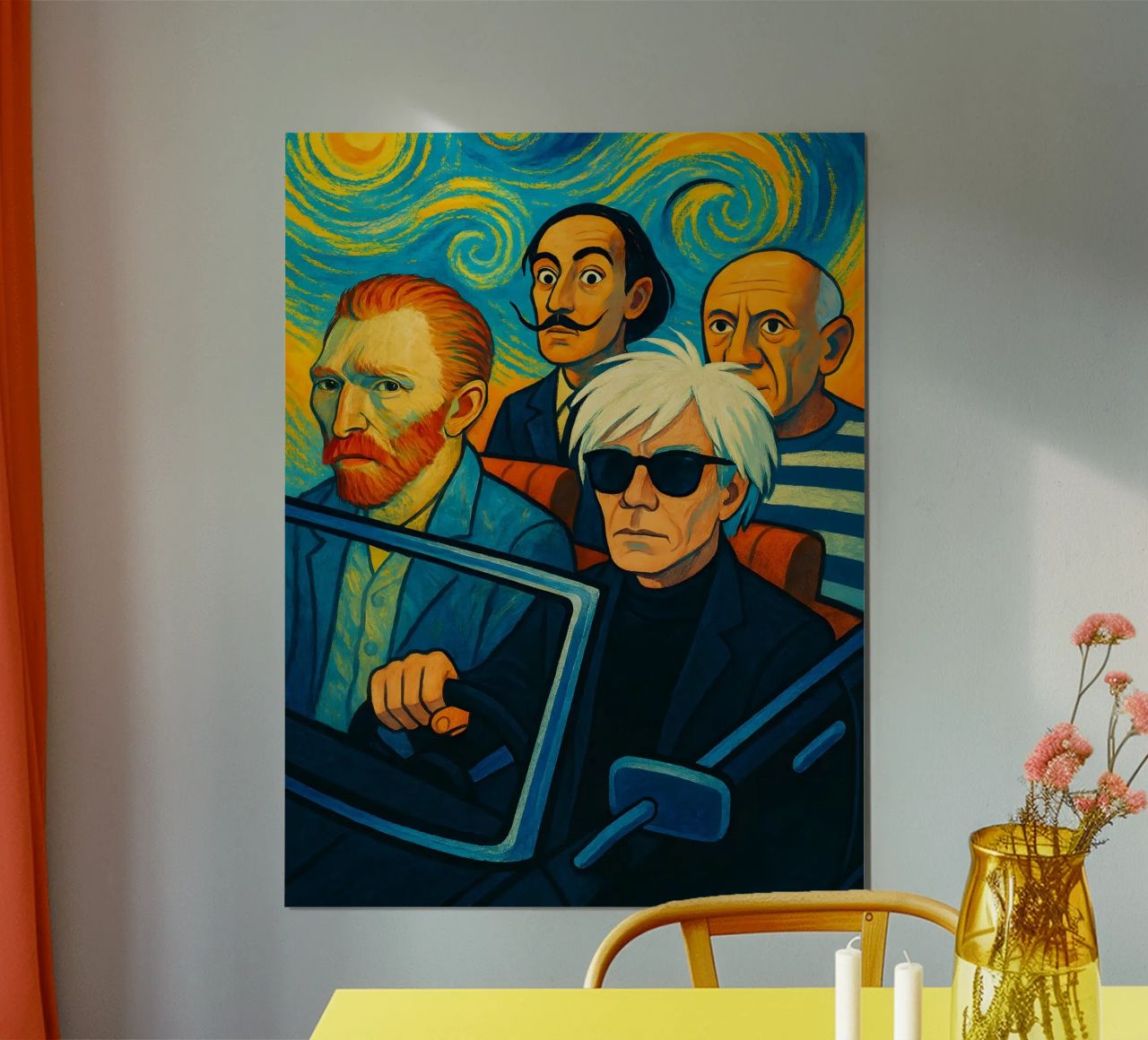 Picasso Vincent Van Gogh Andy Warhol Salvador Dali In Car poster by ARTOMATIC