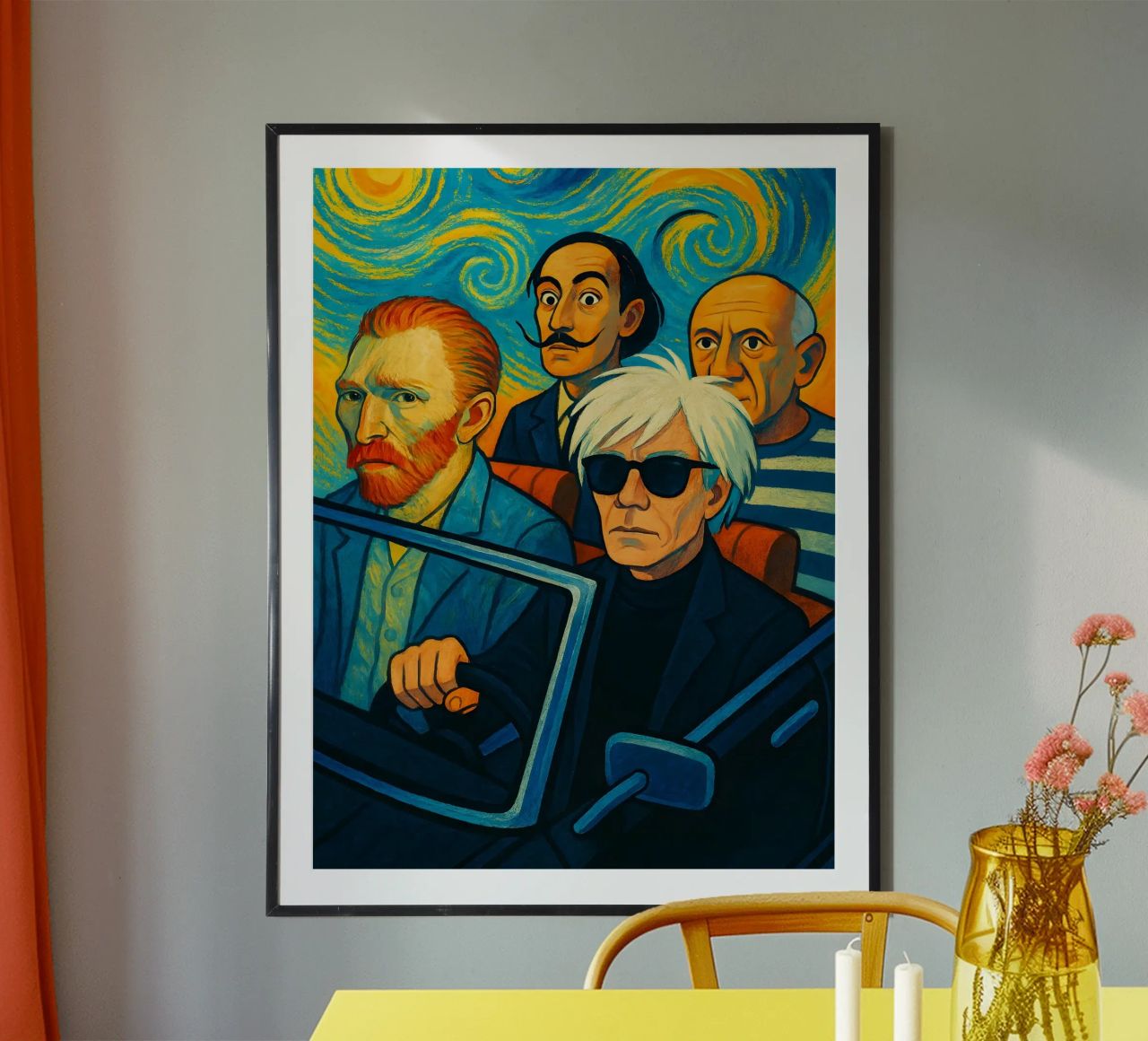 Picasso Vincent Van Gogh Andy Warhol Salvador Dali In Car poster by ARTOMATIC