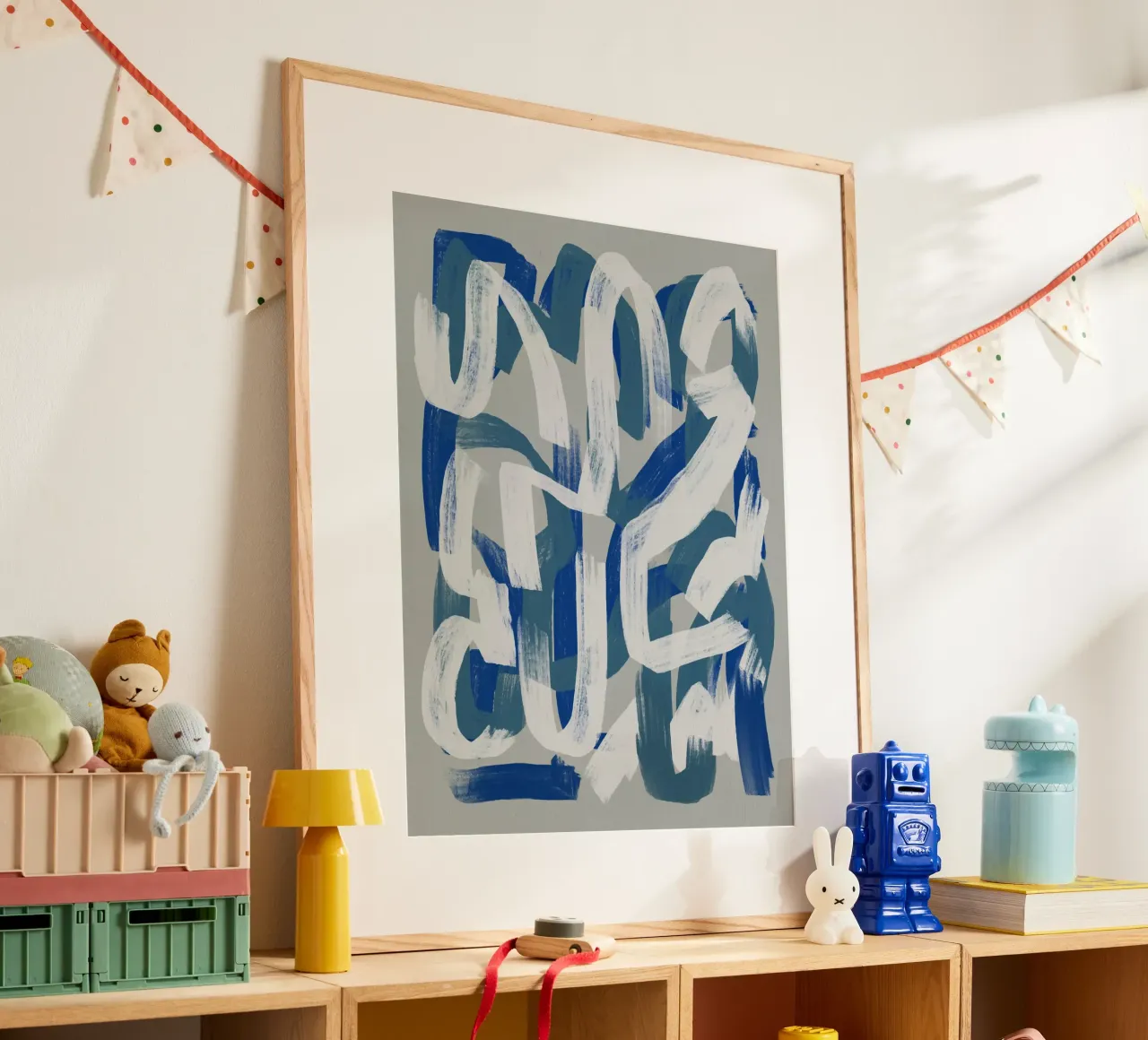 Abstrait au pinceau sec en gris et bleu 02 poster avec cadre en plastique de Little Dean