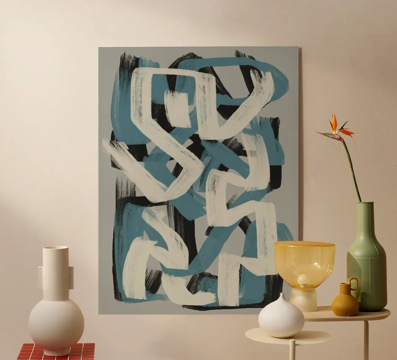 Droog penseel abstract in grijs en blauw Little Dean by Little De acryl van Little Dean